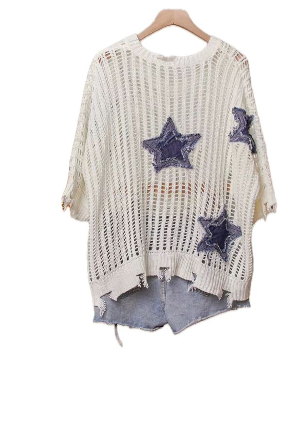 Distressed Star Knit Pullover (White) *Final Sale*