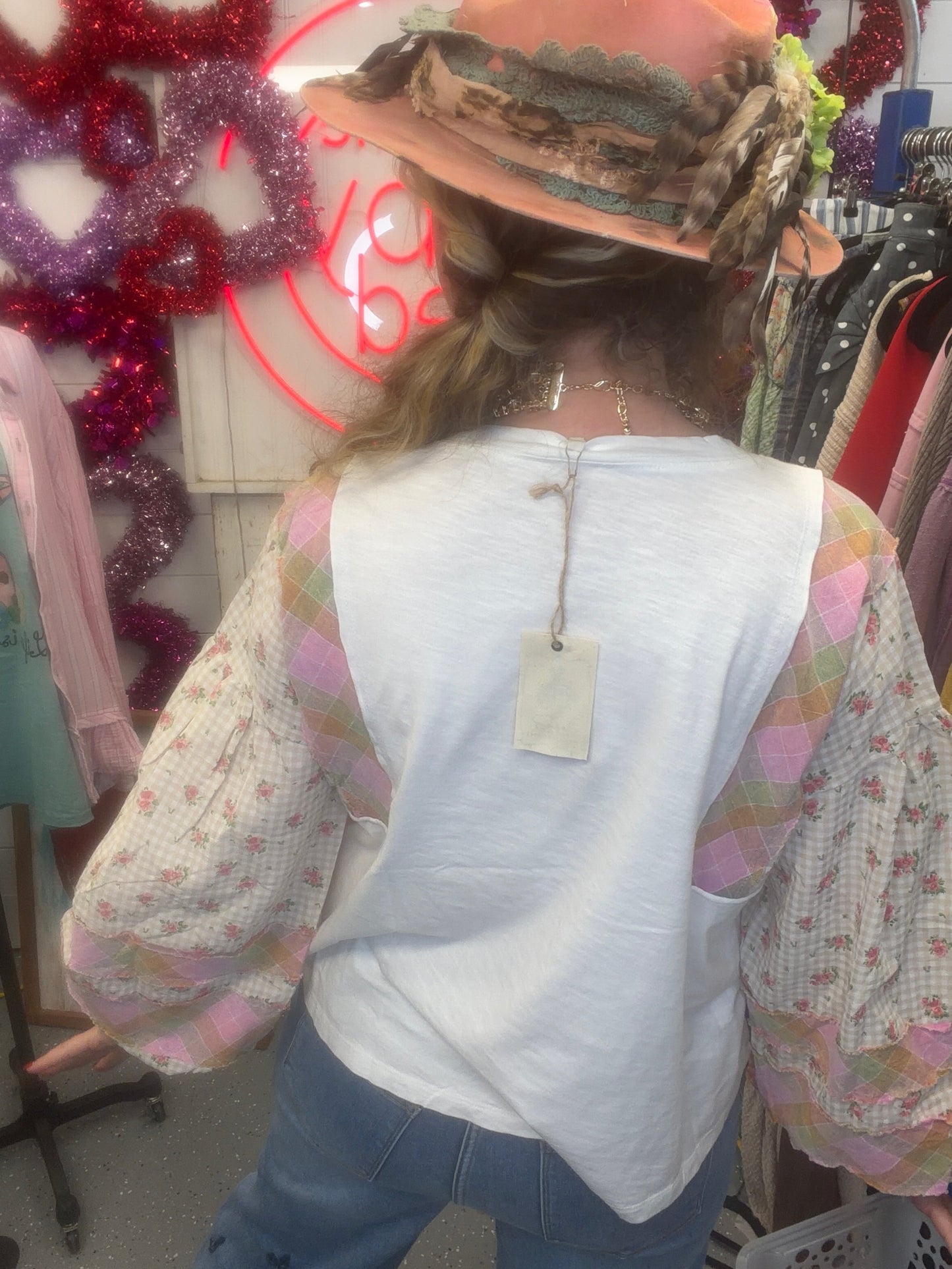 EASEL - Mixed Print Cotton Slub Top (White) *Final Sale*