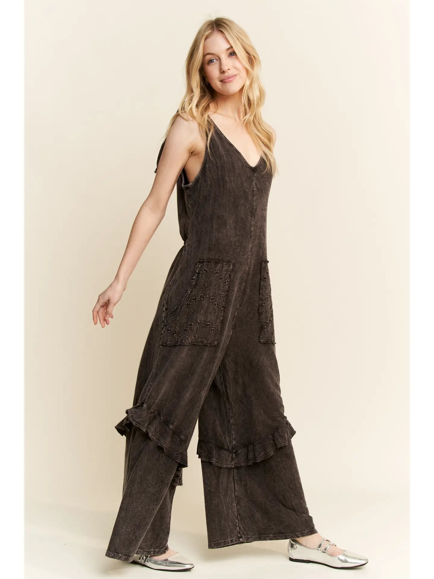 J Her- Mineral Washed Eyelet Pocket Jumpsuit (Ash Black)