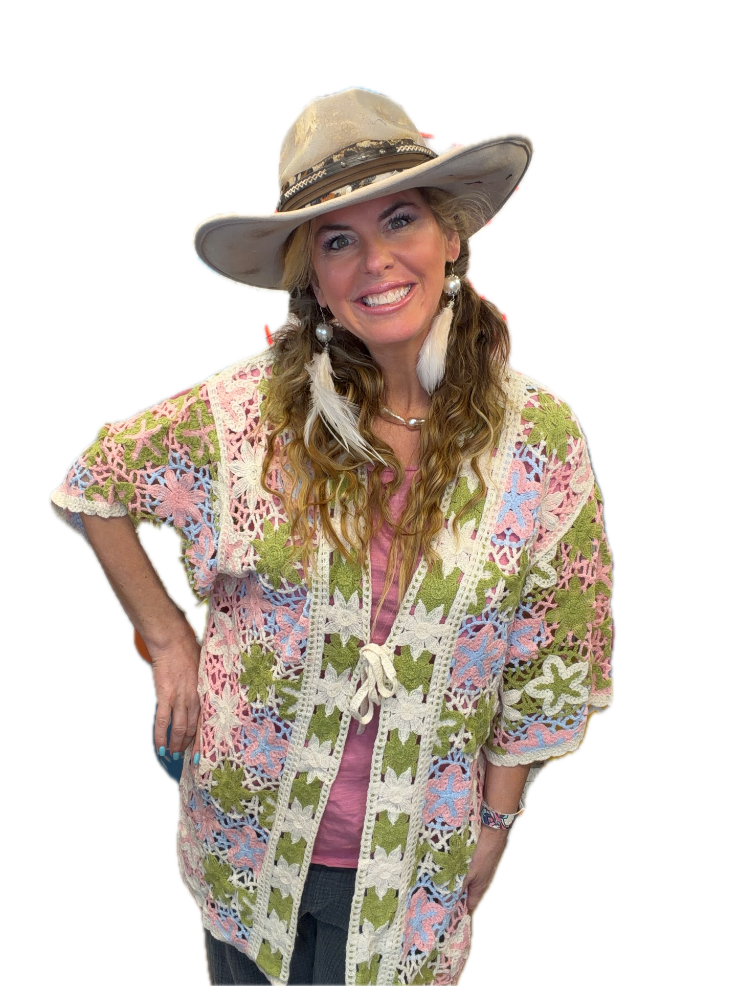 Boho Starfish Front Tie Cardigan (Pink and Green) *Final Sale*