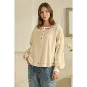 Oli & Hali- Washed X-Stitch Long Sleeve Top (Cream)