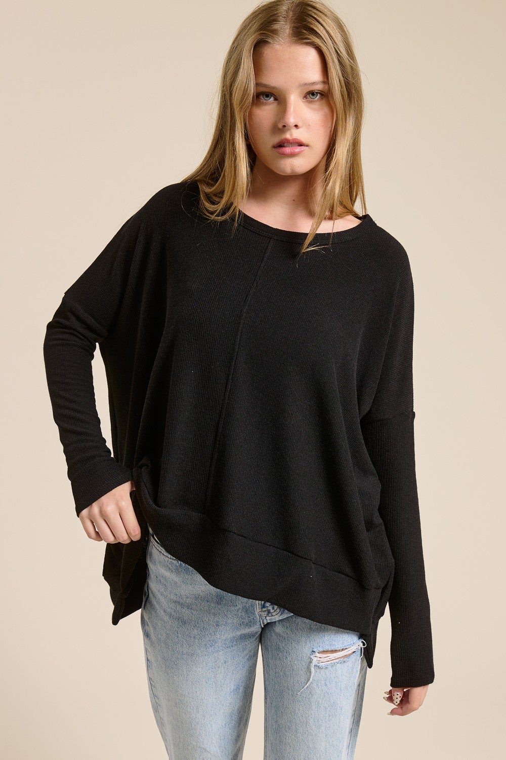 Charlotte Avery- Rib Knit Relaxed Fit Top (Black)