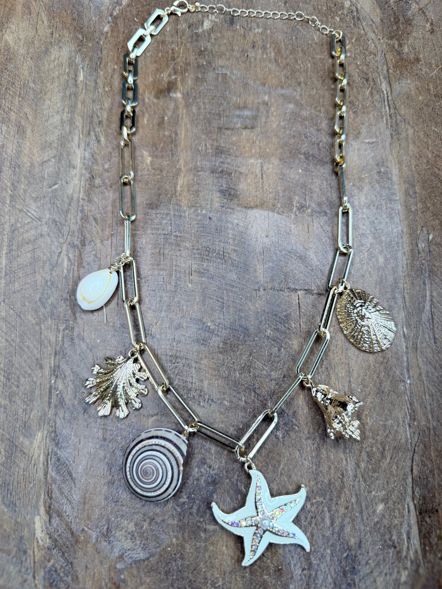 Gold Starfish and Shells Charm Necklace