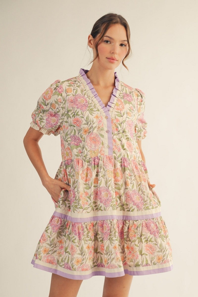 Jodifl- Floral Contrast Tiered Dress (Cream)