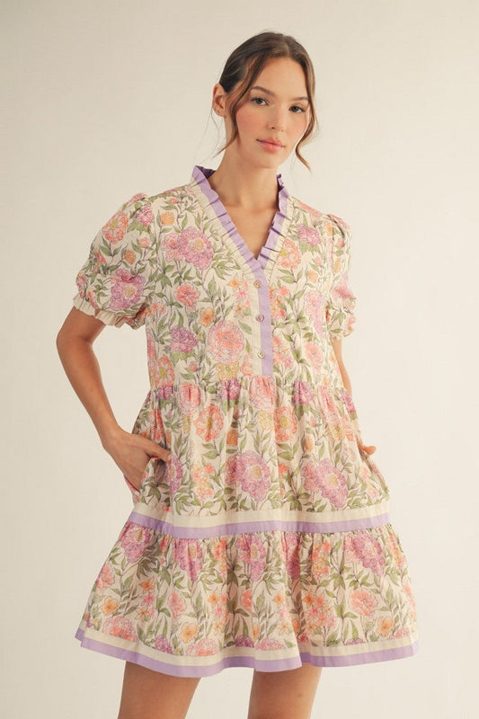 Jodifl- Floral Contrast Tiered Dress (Cream)