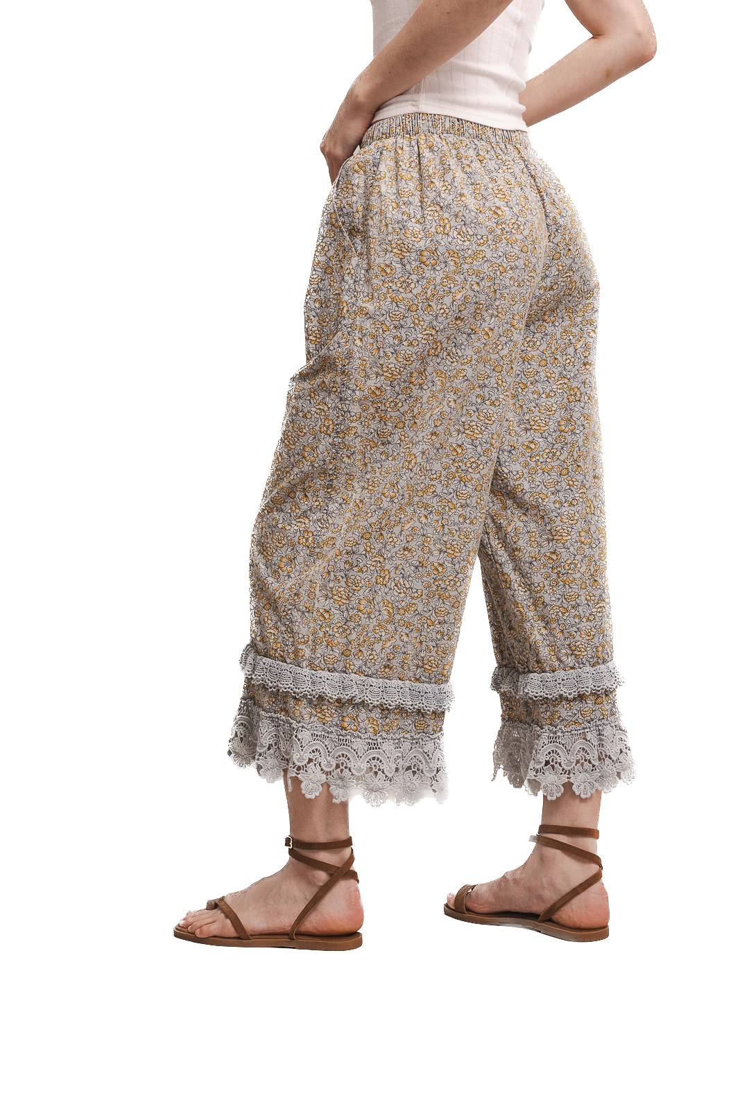 BlueVelvet- Floral Printed Lace Trim Pants (Blue)