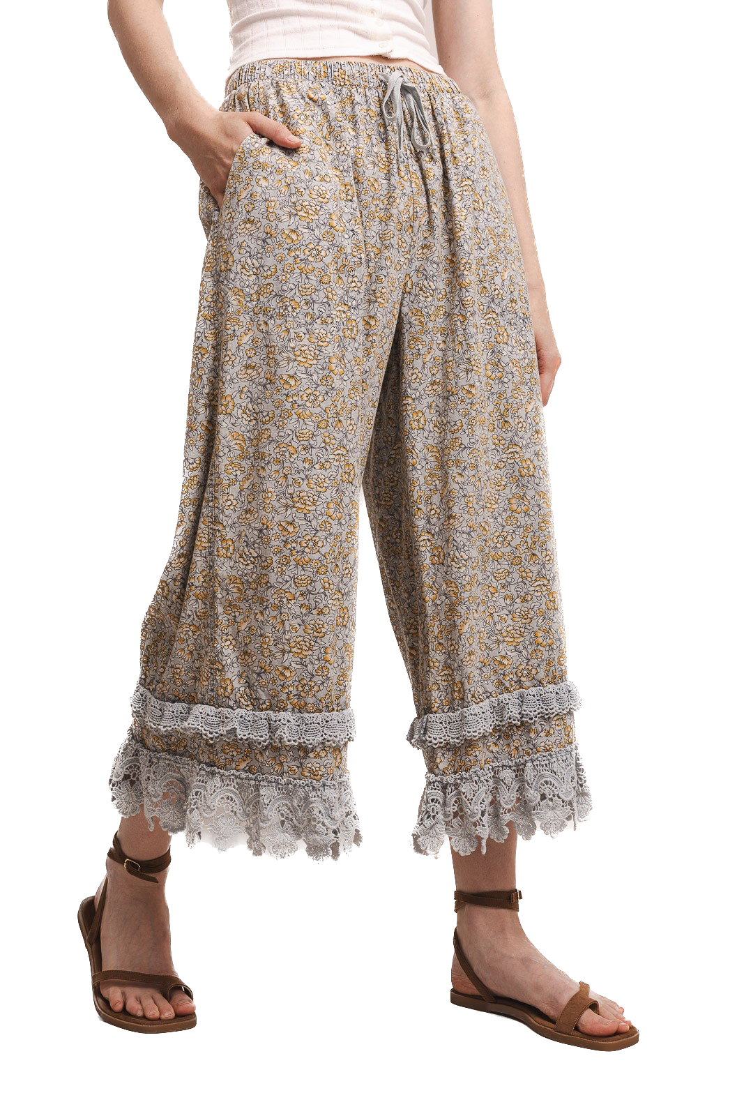 BlueVelvet- Floral Printed Lace Trim Pants (Blue)