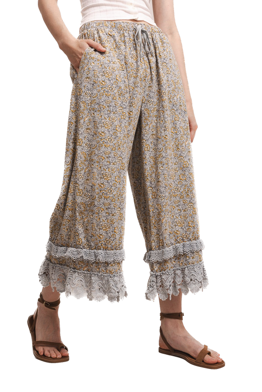 BlueVelvet- Floral Printed Lace Trim Pants (Blue)
