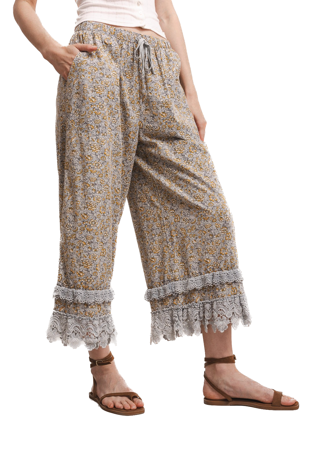 BlueVelvet- Floral Printed Lace Trim Pants (Blue)