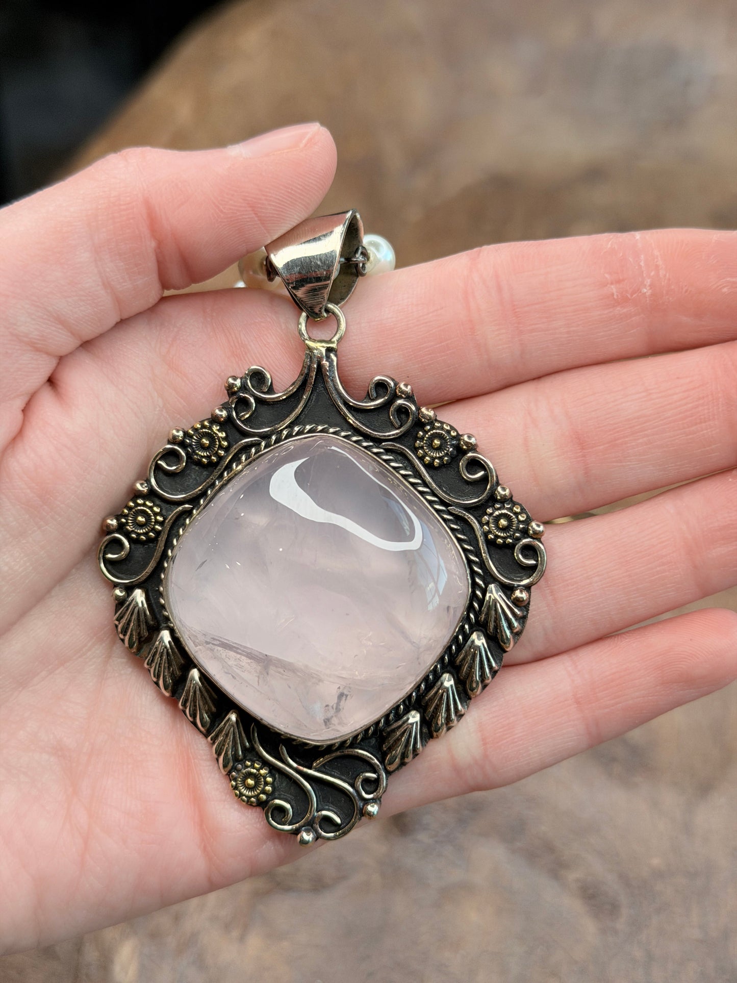 German Silver Embellished Rose Quartz Necklace