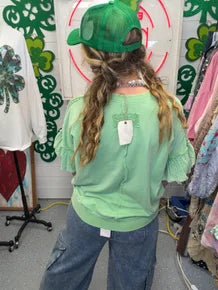 EASEL - Eyelet Sleeve Washed Terry Top (Apple Green)