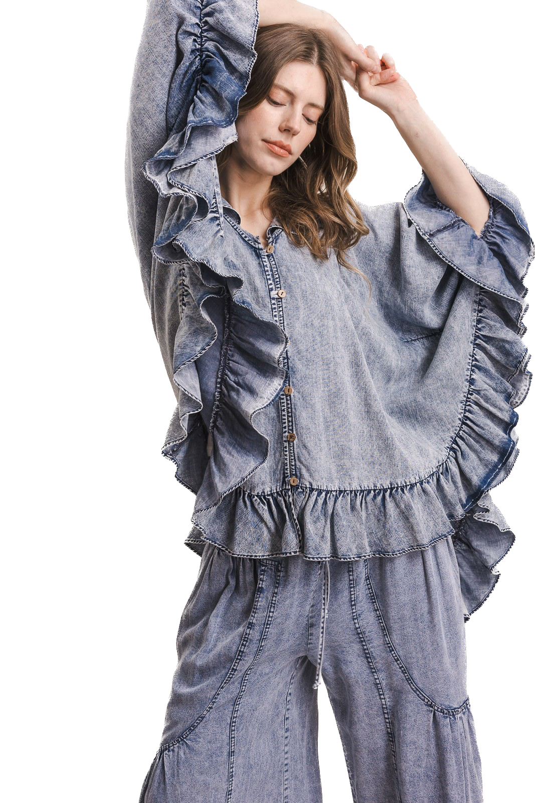 BlueVelvet- Chambray Ruffle Detail Poncho Top *Final Sale*
