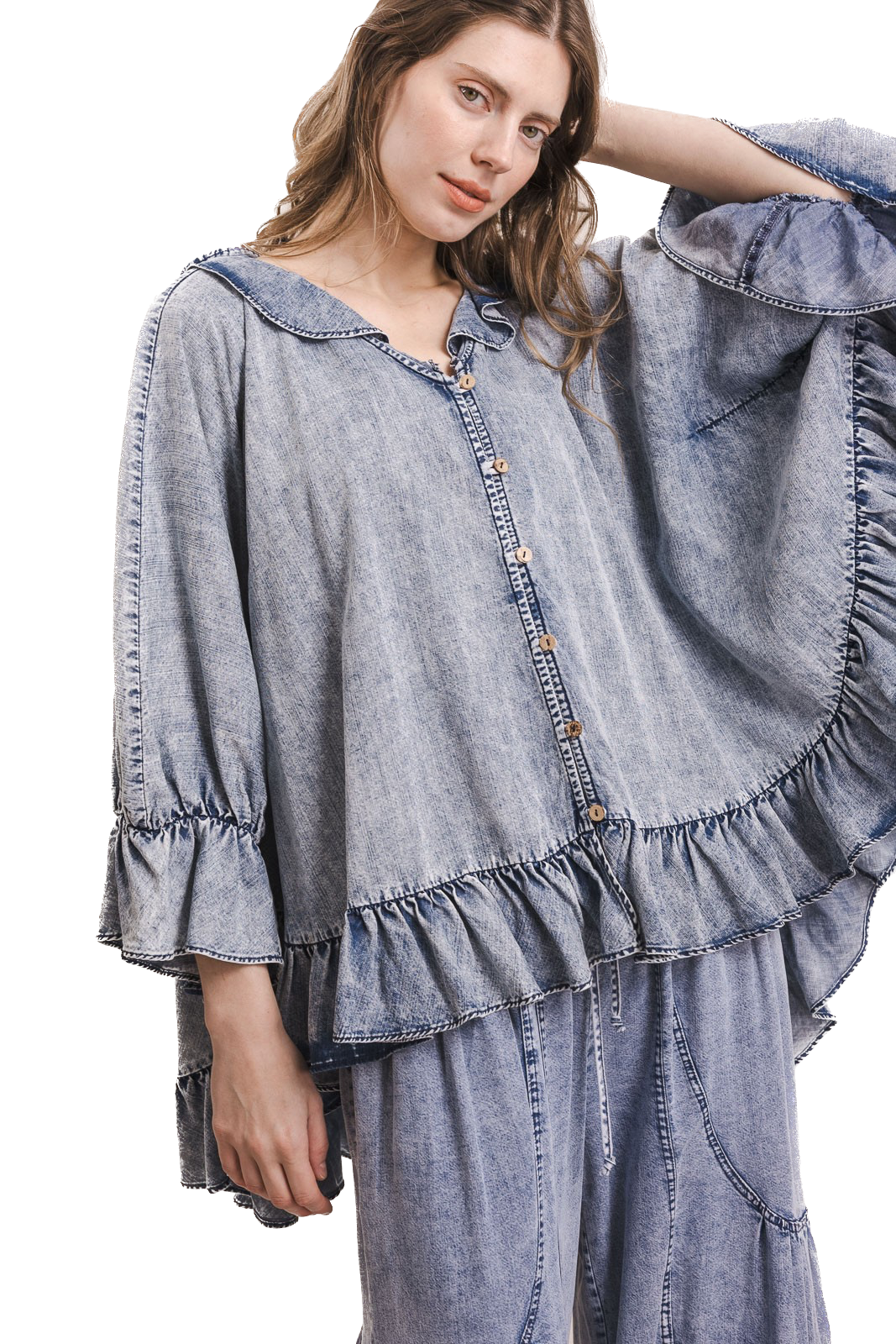 BlueVelvet- Chambray Ruffle Detail Poncho Top *Final Sale*