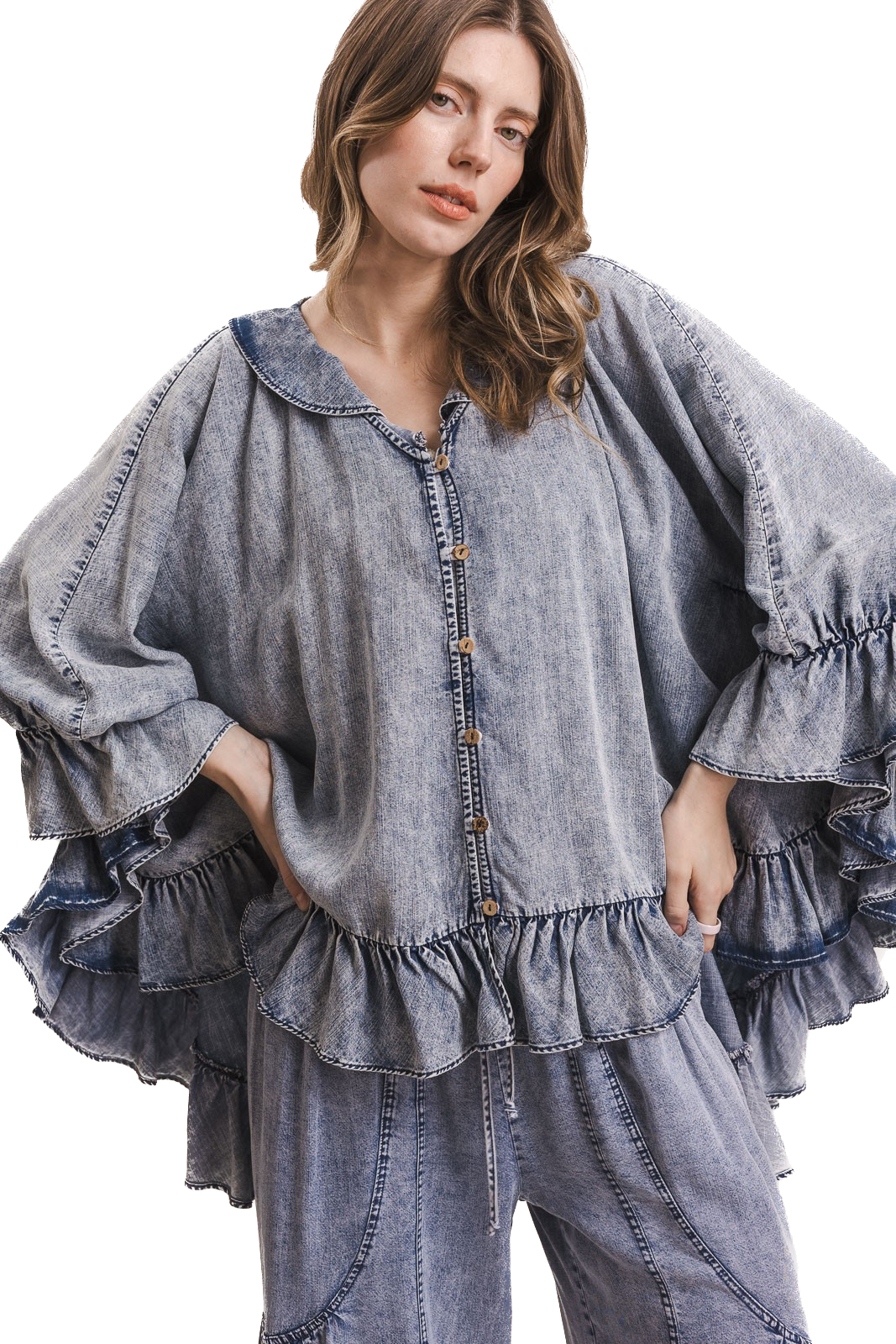 BlueVelvet- Chambray Ruffle Detail Poncho Top *Final Sale*