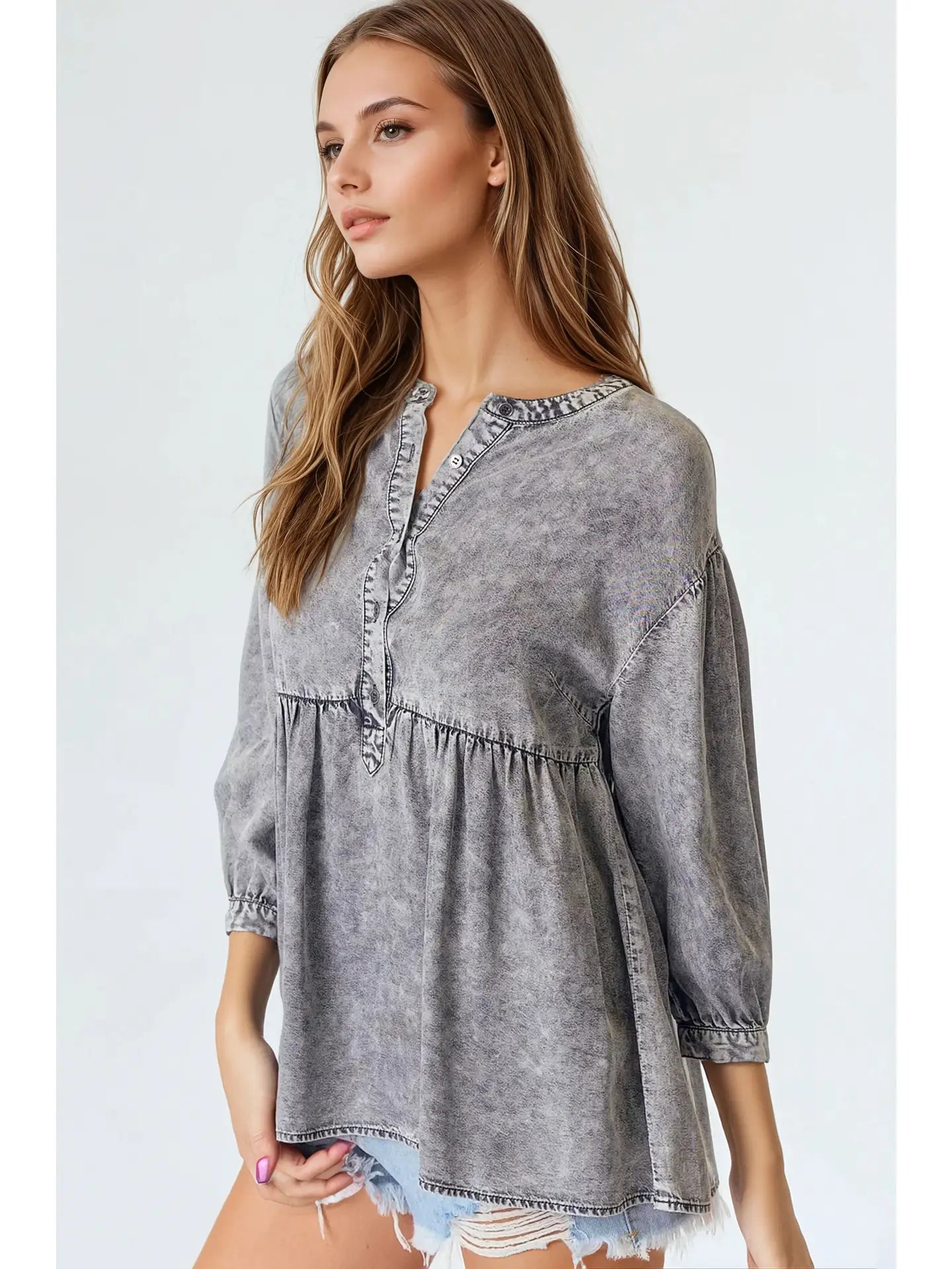 Babydoll Mandarin Collar Top (Black Denim)