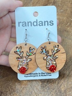 Wood and Acrylic Glitter Reindeer Earrings