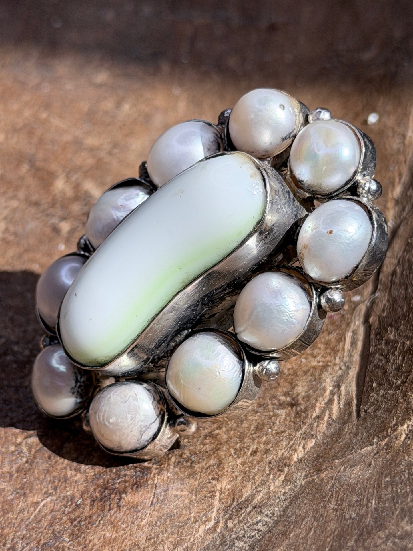 German Silver Agate and Pearl Cluster Ring