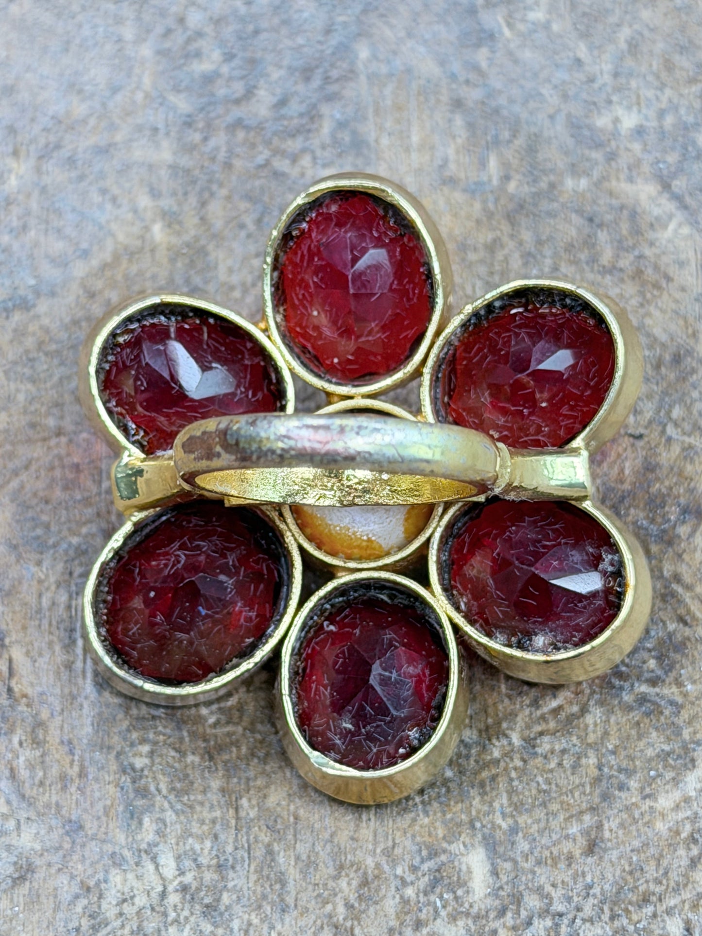 Gold Red Ruby and Pearl Cluster Ring