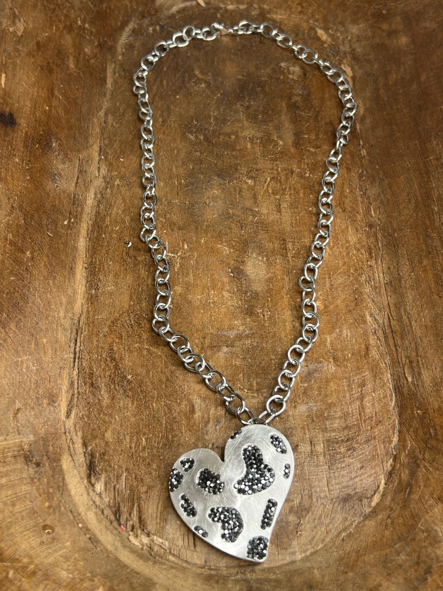 Silver Leopard Print Rhinestone Heart Necklace