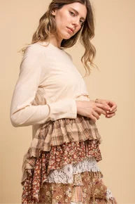 FINAL SALE BlueVelvet- Mixed-Print Ruffle Hem Top (Natural) *Final Sale*