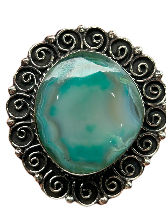 German Silver Banded Green Agate Ring