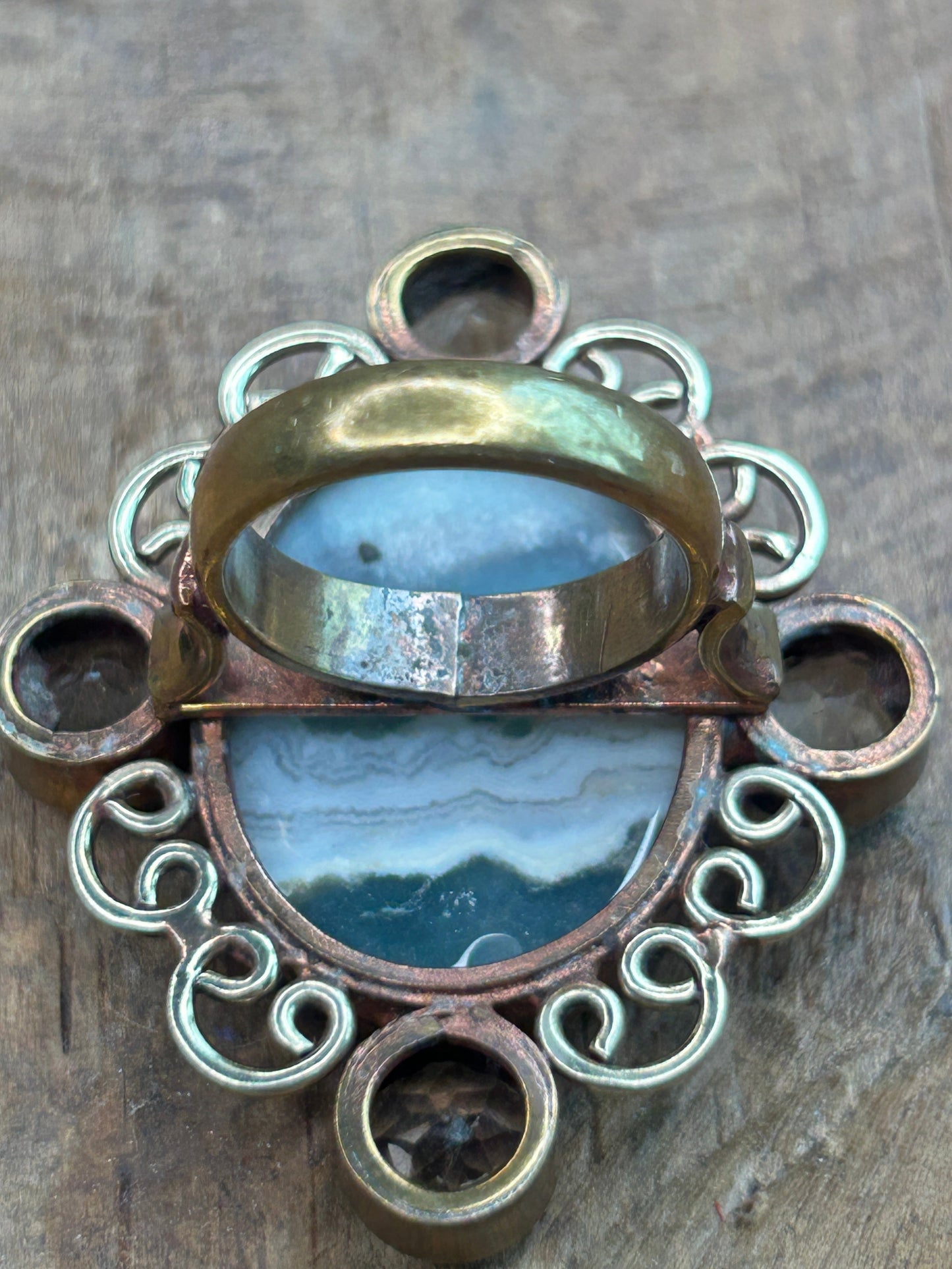 German Silver Banded Agate and Quartz Ring
