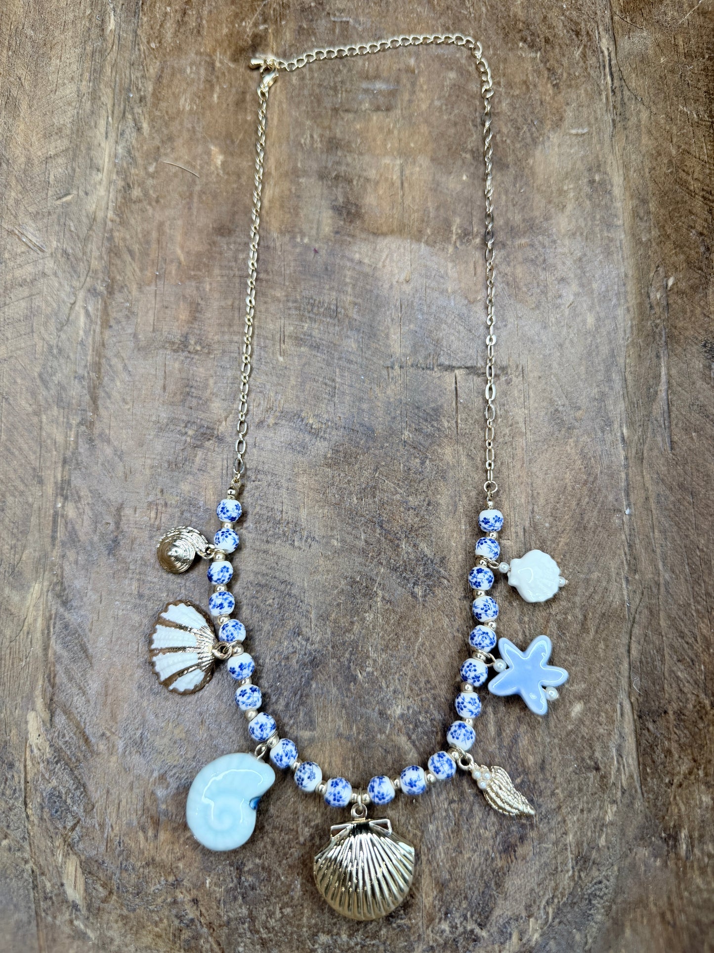 Gold and Blue China Shell Charm Necklace
