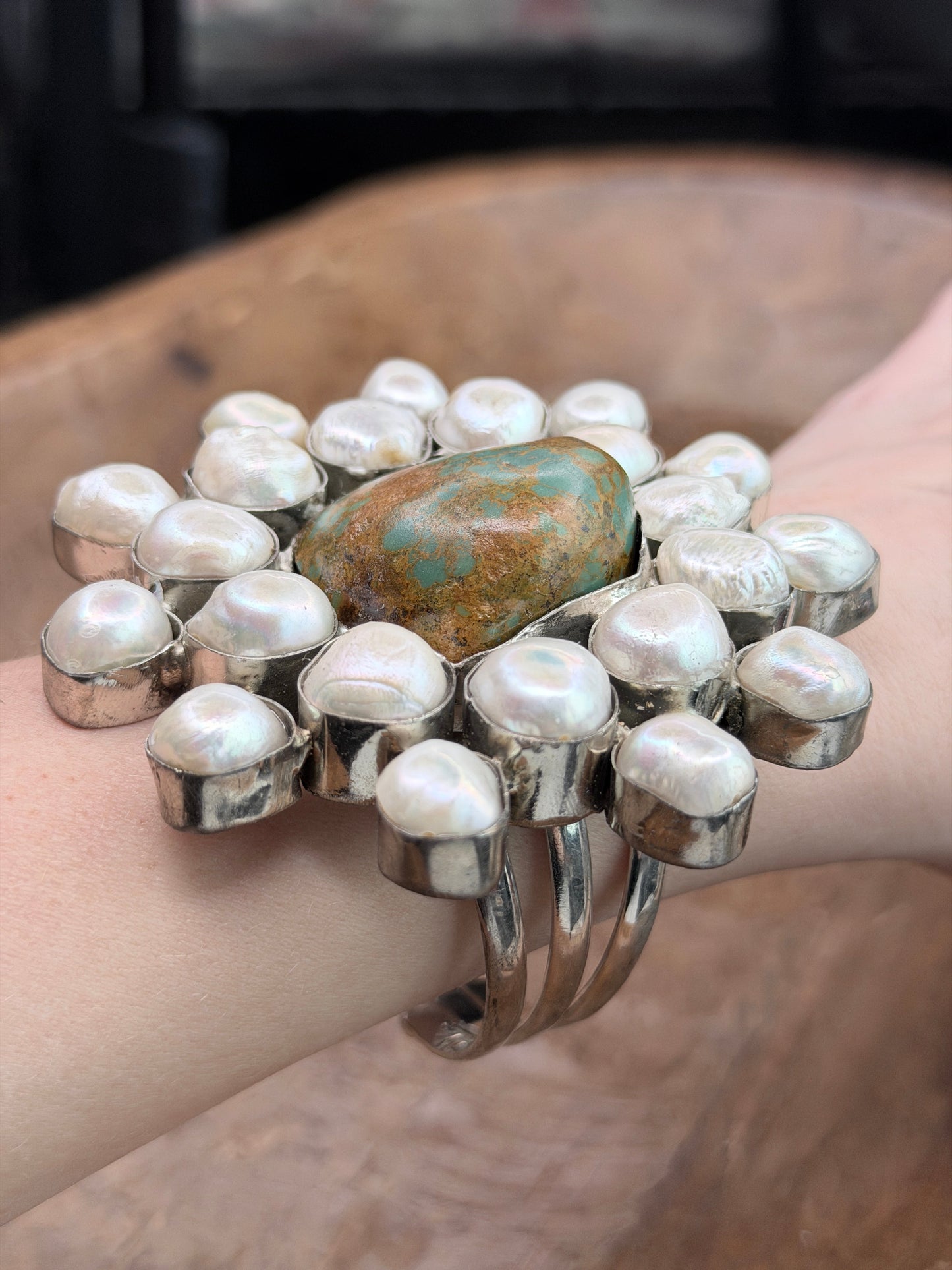 Bailey German Silver Freshwater Pearl and Turquoise Cluster Cuff
