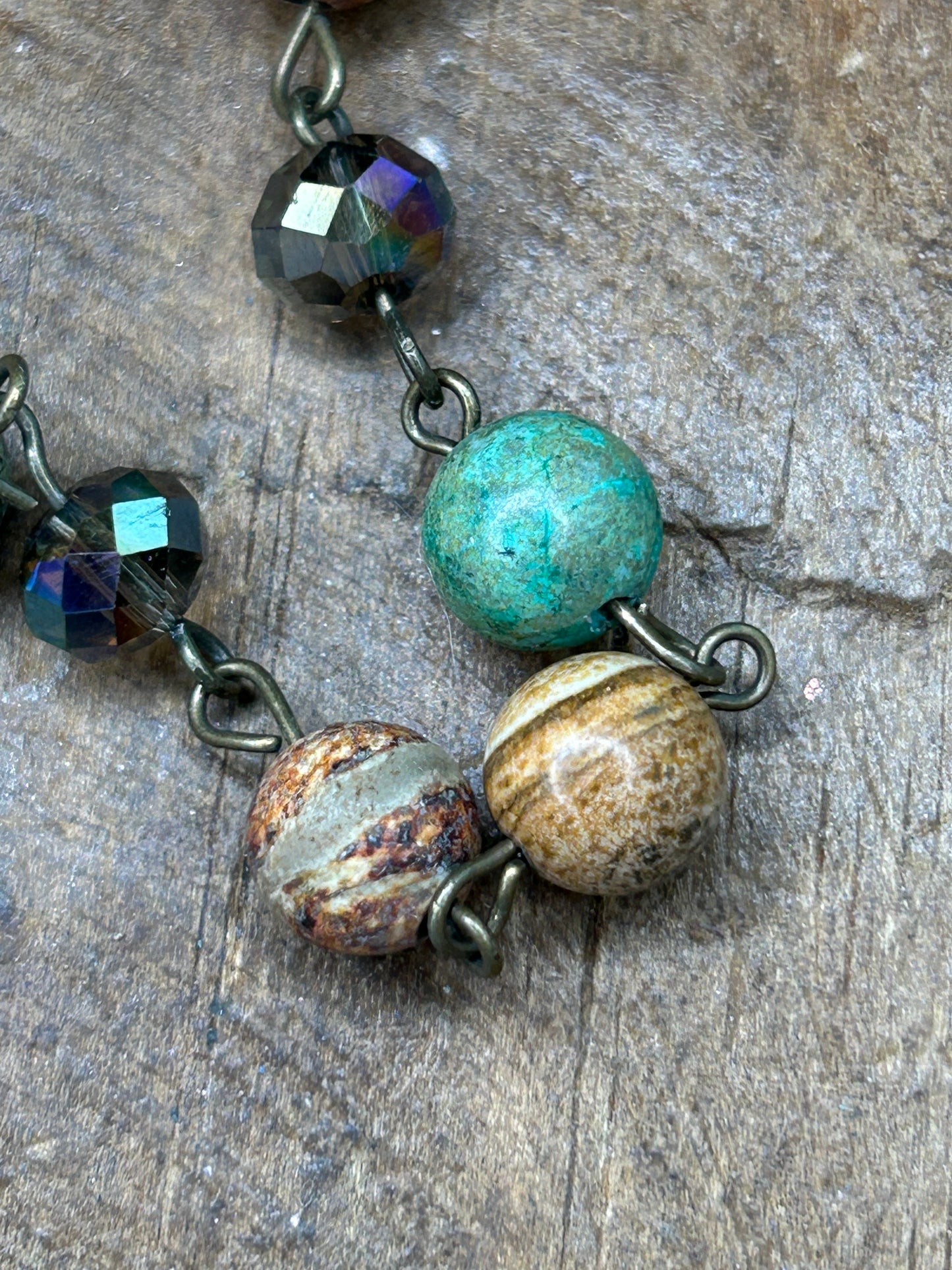 Long Multi-Beaded Textured Necklace with Green Stones