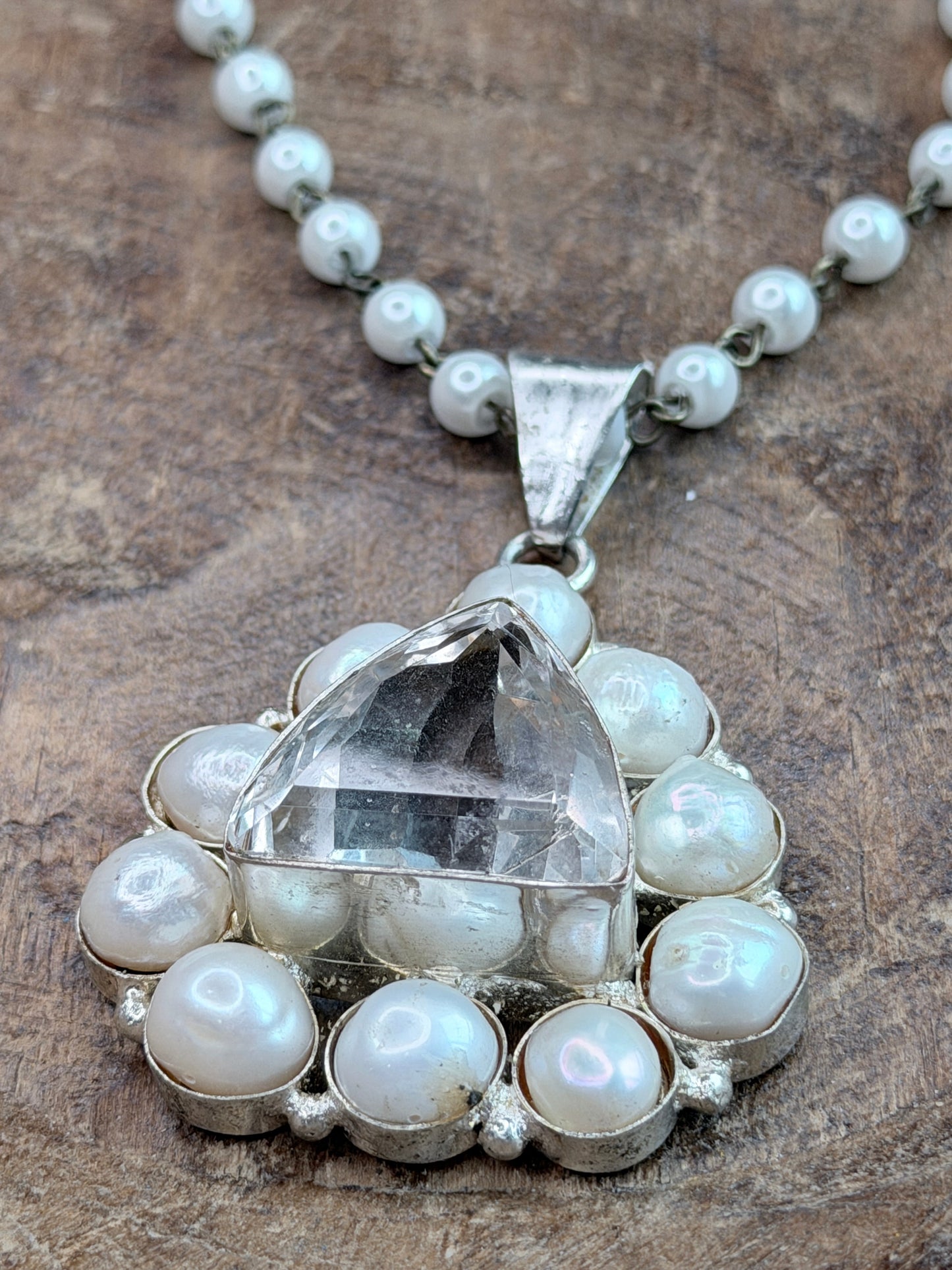 German Silver Freshwater Pearl and Clear Quartz Necklace