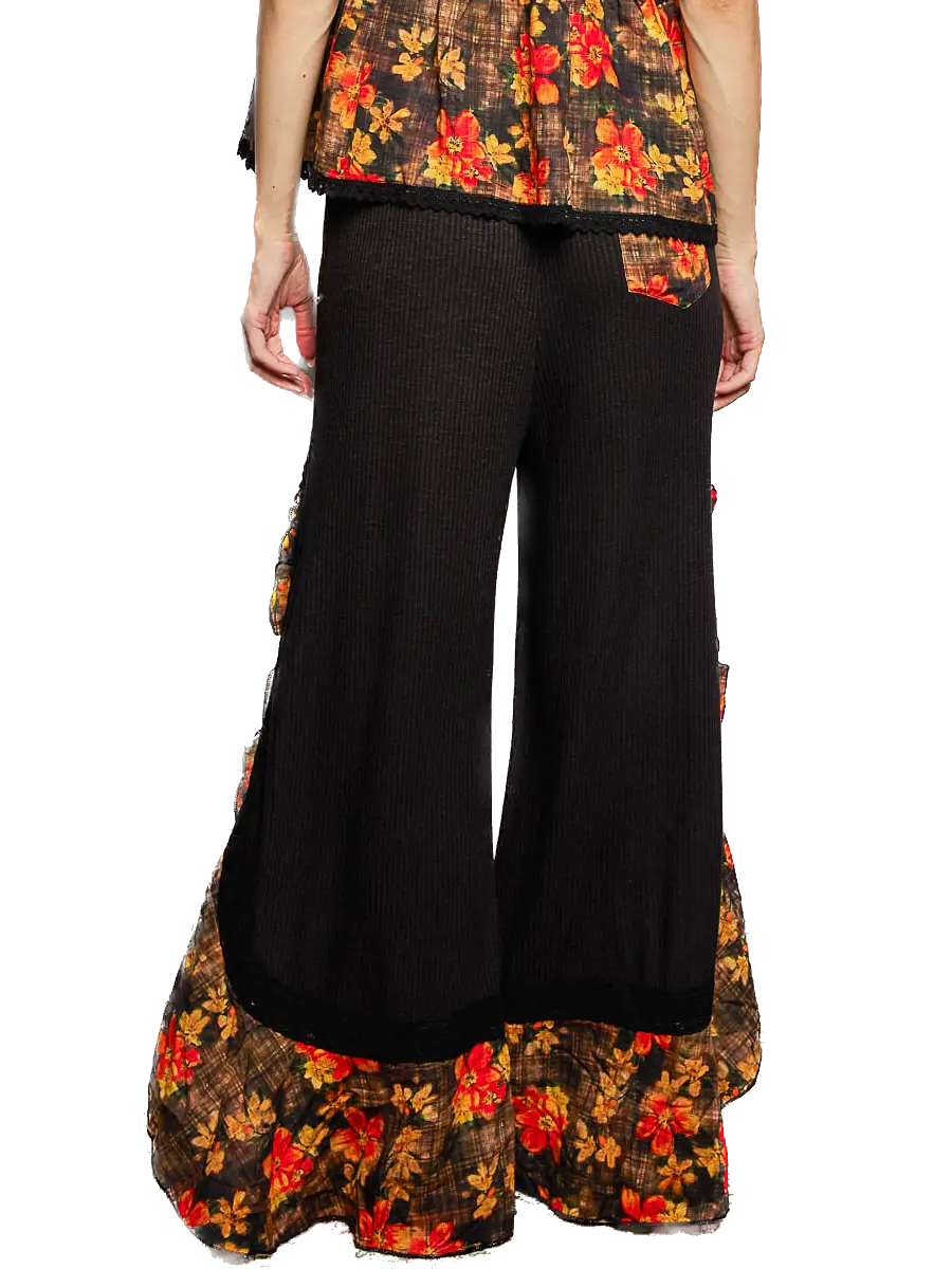 POL- Floral Accent Ruffled Ribbed Pants (Black)