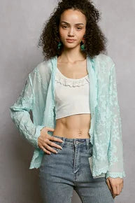 POL-Linen Embroidered Hooded Cardigan (Sky Blue) PREORDER *Final Sale*
