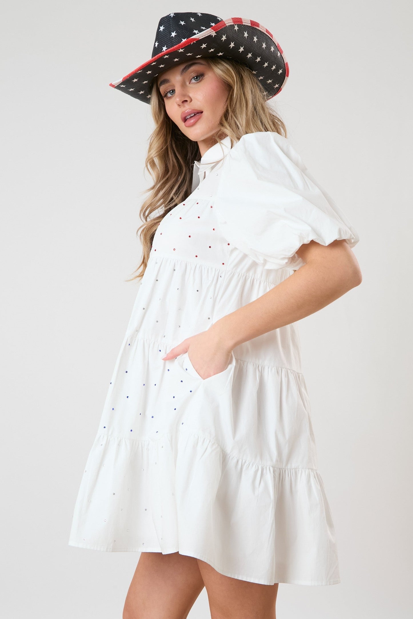 Peach Love- Red, White, and Blue Rhinestone Accent Dress (White) FINAL SALE