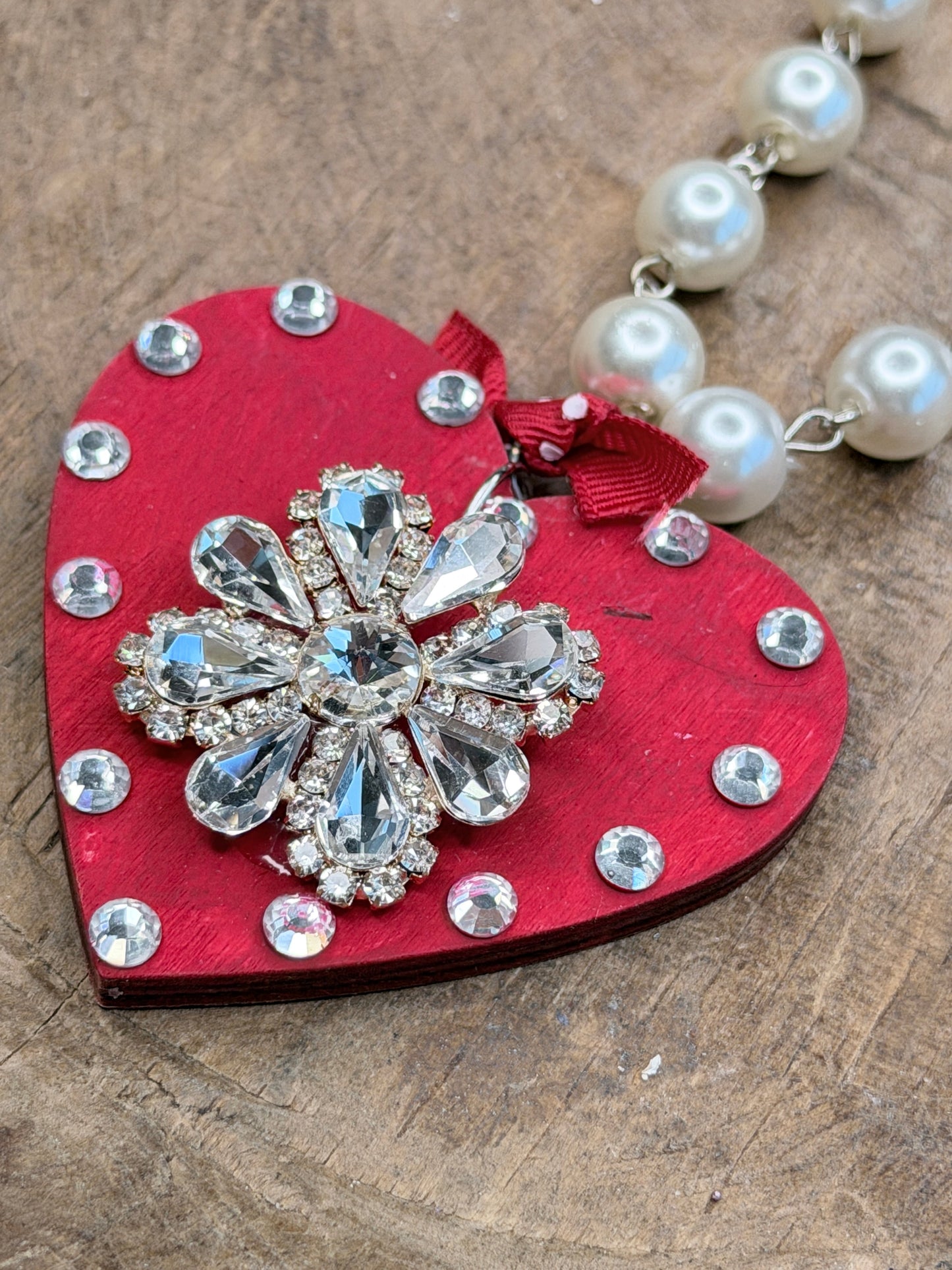 Wooden Rhinestone Red Heart Necklace (B)- ERR ORIGINAL