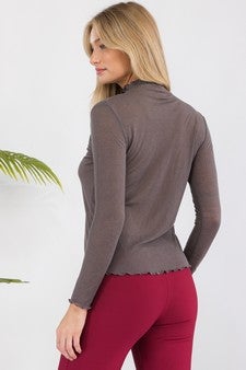 Ribbed Long Sleeve Top with Lettuce Trims (Charcoal)