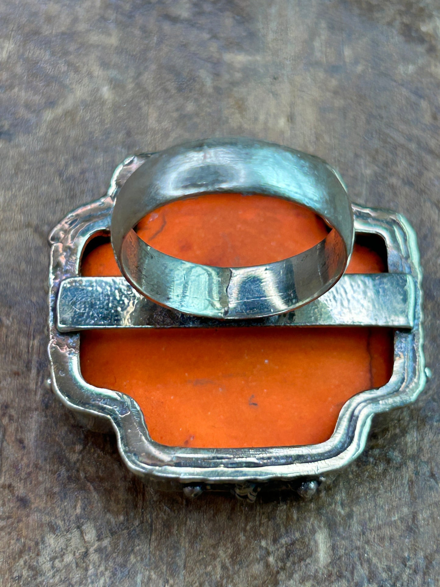 German Silver Orange Magnesite Square Cross Ring