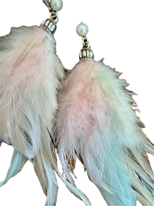Rare Bird- Pink and Sage Feather Earrings