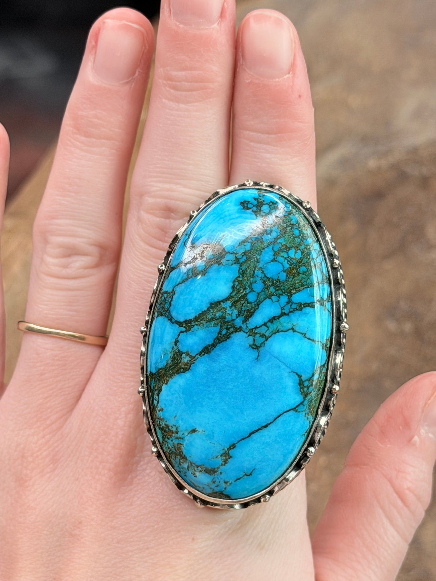 German Silver Large Blue Turquoise Oval Ring
