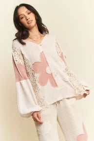Davi & Dani- Oversized Flower Patch Knit Top (Pink)