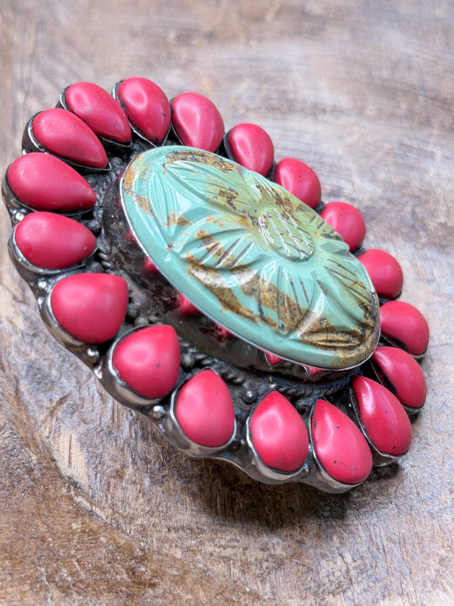 German Silver Carved Turquoise and Coral Ring
