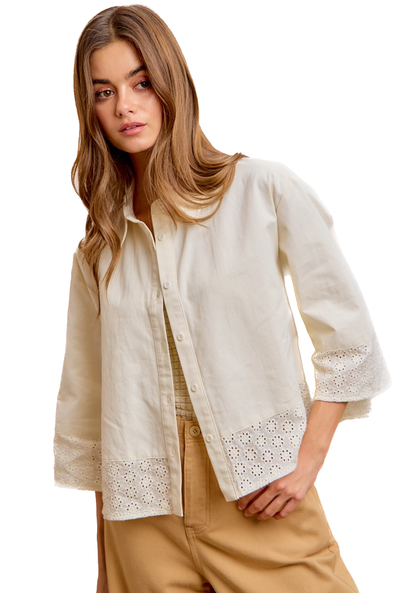 Bibi- Eyelet Lace Hem Quarter Sleeve Top (Butter)