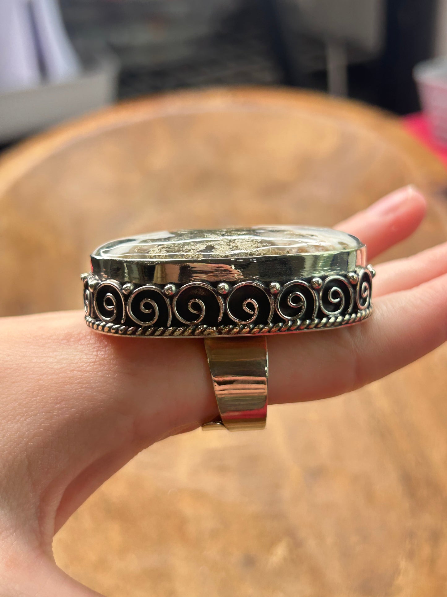 German Silver Green Moss Agate Ring