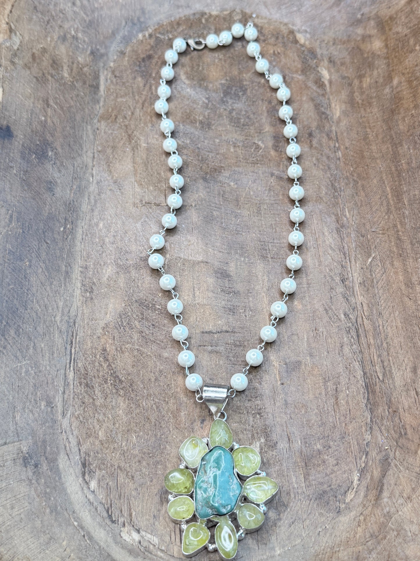 German Silver Moss Prehnite and Turquoise Necklace