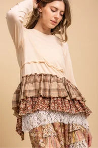 FINAL SALE BlueVelvet- Mixed-Print Ruffle Hem Top (Natural) *Final Sale*