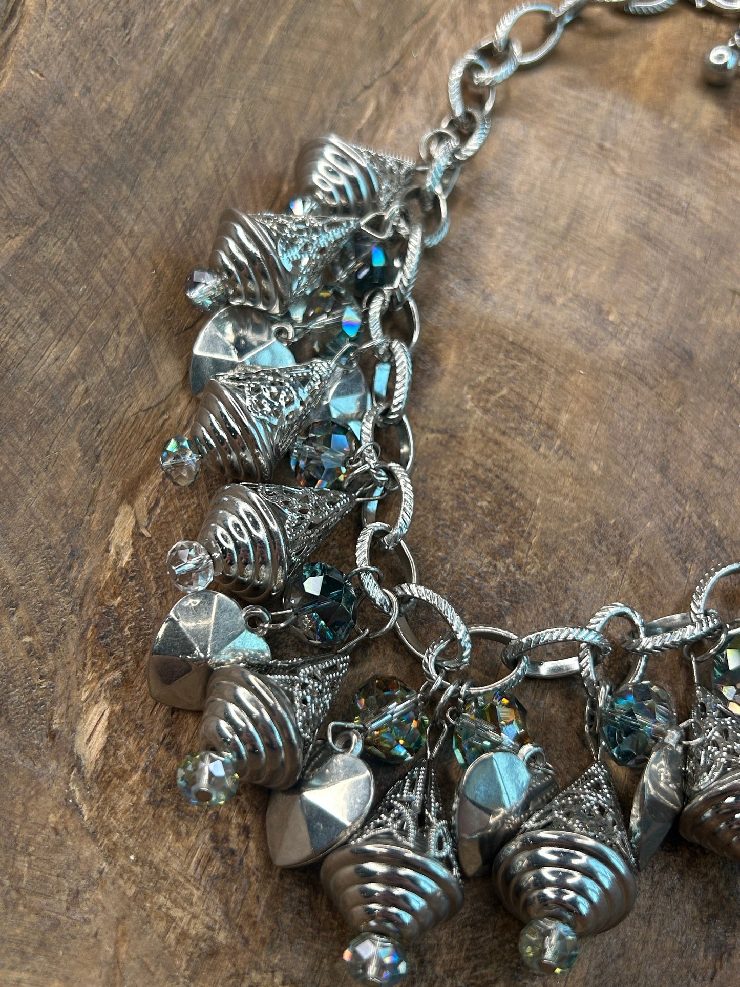 Silver Crystal and Heart Charm Necklace