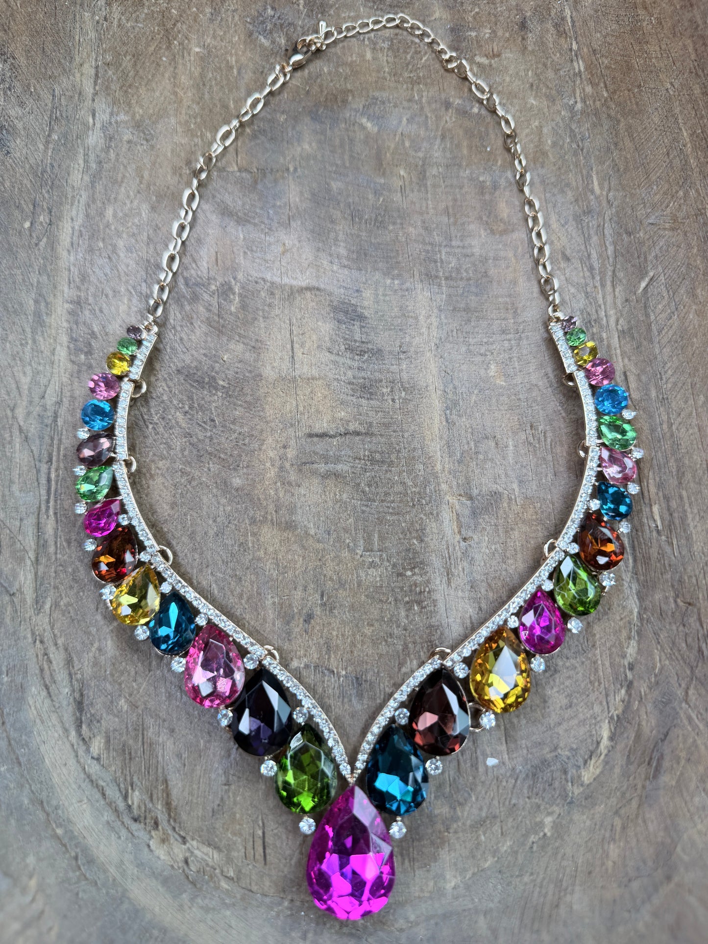 Multi Color Teardrop Crystal Evening Necklace