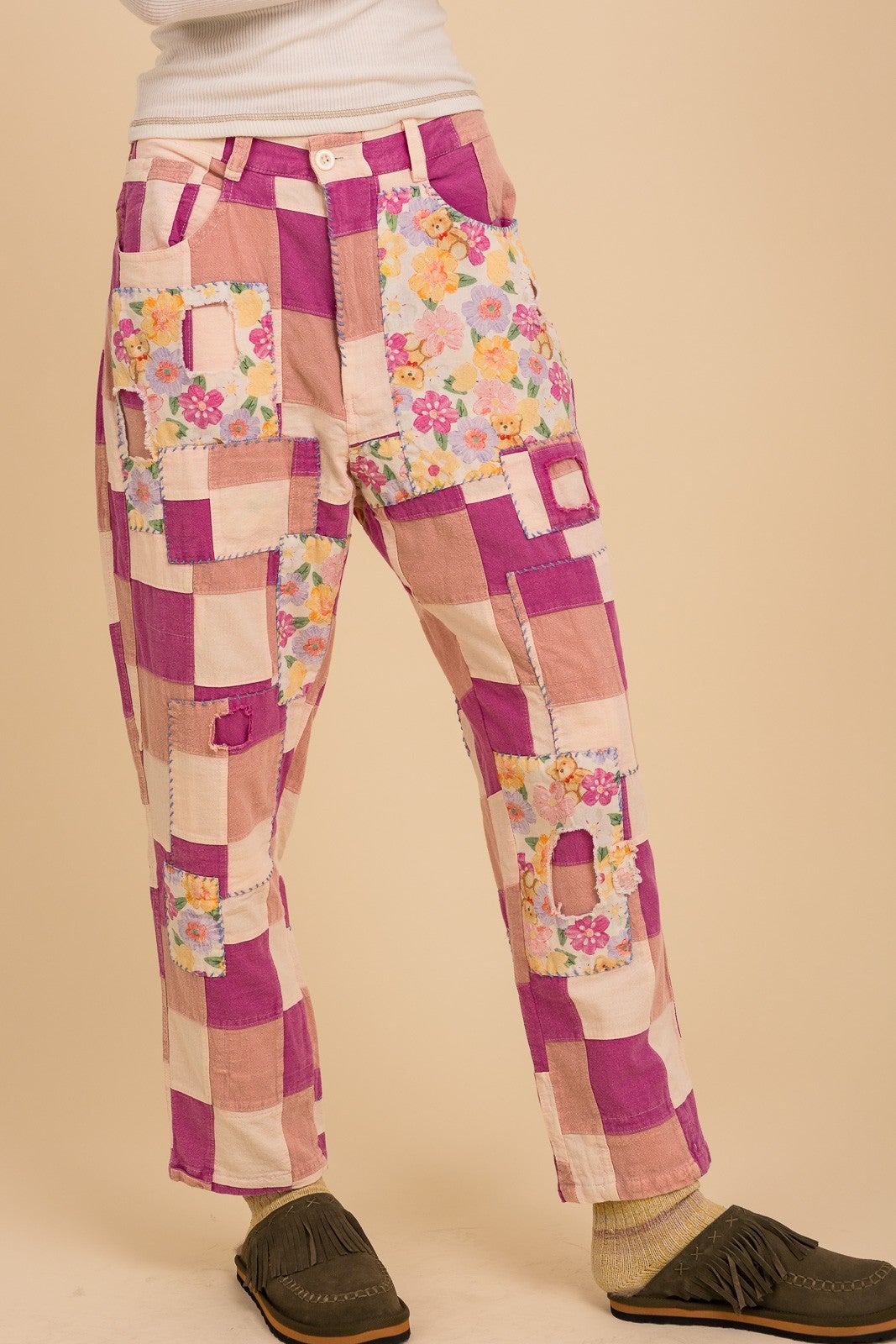 SALE Bluevelvet- Colorblock Board Patch Pants (Peony Pink) *Final Sale*