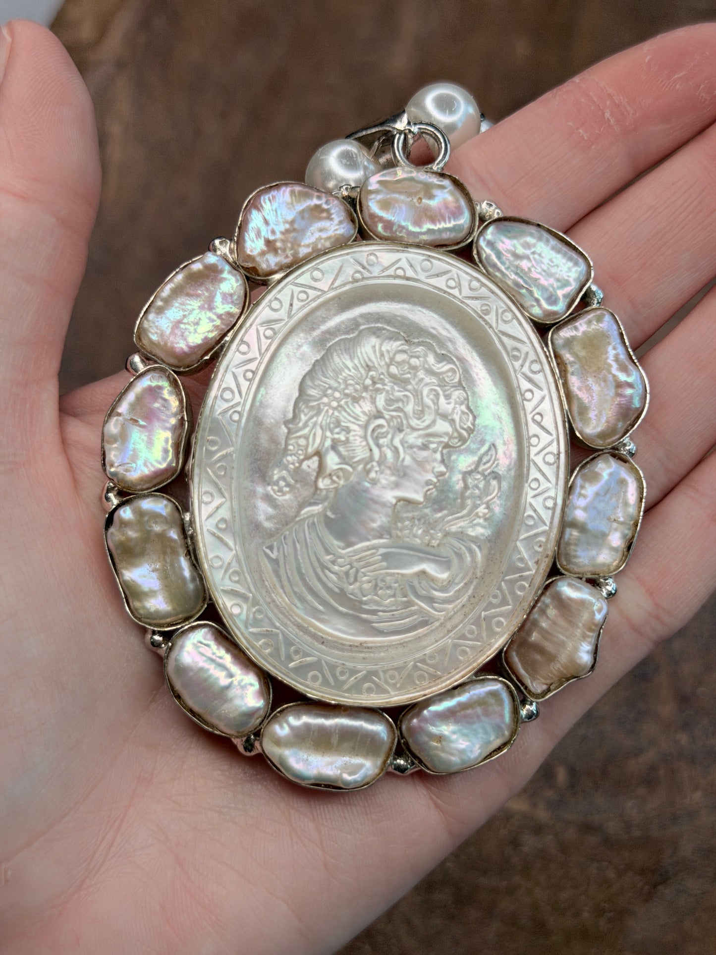 German Silver Pearl Carved  Cameo Cluster Necklace