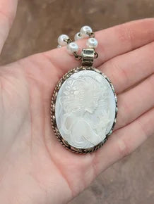 Tibetan Silver Pearl Carved Lady Cameo Necklace