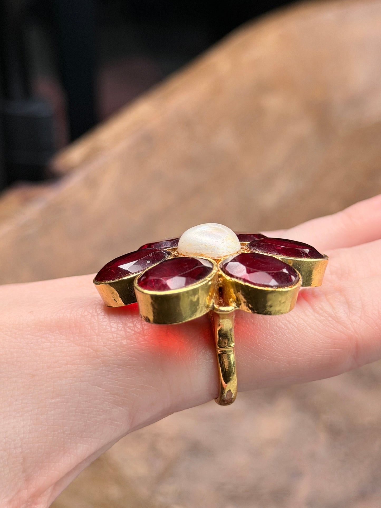Gold Red Ruby and Pearl Cluster Ring